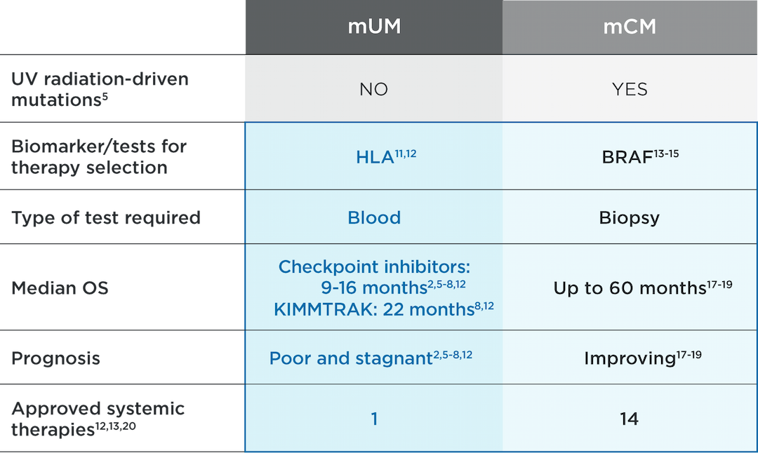 A comparison chart showing the key differences between mUM and mCM